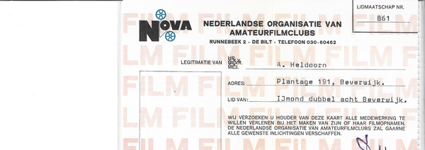 Lidmaatschapskaart van de Nederlandse Organisatie van Amateurfilmclubs (NOVA), op naam van A. Heldoorn, lidnummer 861
