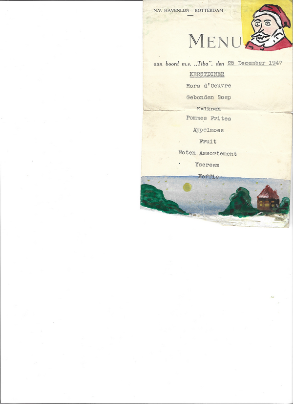 Kerstmenu aan boord van de ms Tiba, 25 december 1947 — N.V. Havenlijn Rotterdam, met handgetekende illustraties