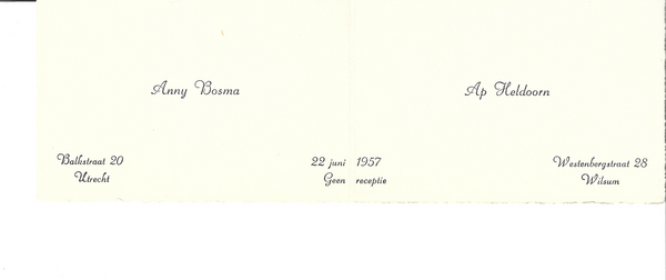Verlovingskaartje van Ap Heldoorn en Anny Bosma, 22 juni 1957, geen receptie.