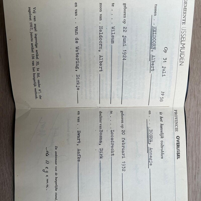 Trouwboekje van Albert Heldoorn en Annegje Bosma, 1958