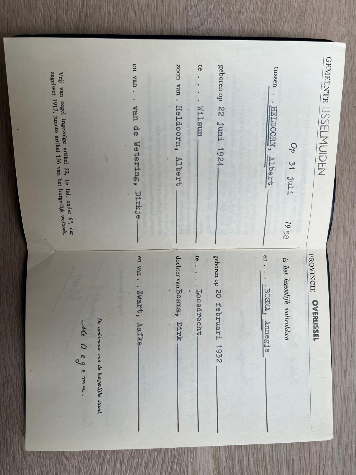 Trouwboekje van Albert Heldoorn en Annegje Bosma, gemeente IJsselmuiden, 31 juli 1958.